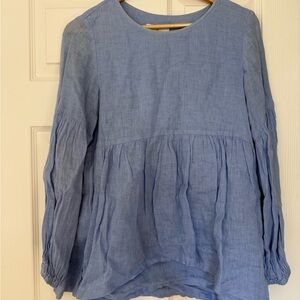 Crown Linen Design Linen Blue Long Sleeve Blouse